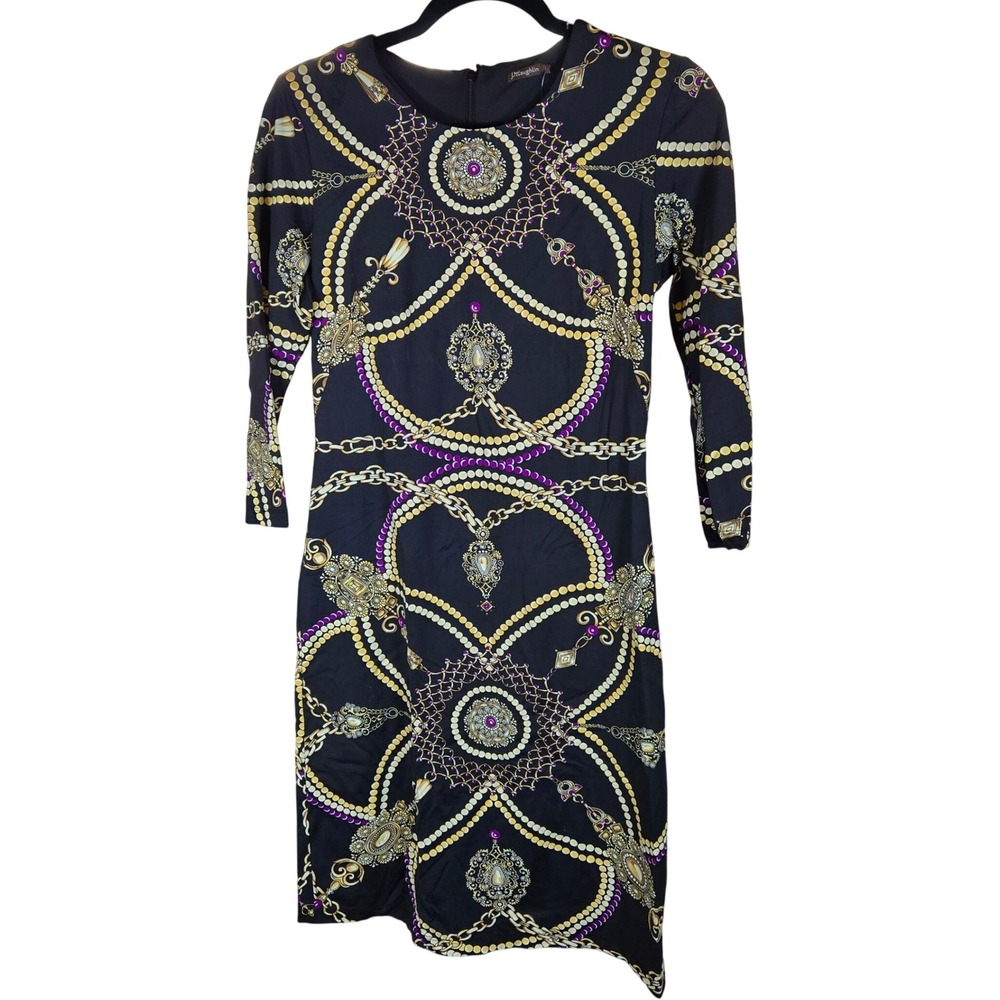 J. McLaughlin Black Medallion Chain Print Long Sleeve Sheath Dress Size S - Picture 2 of 7